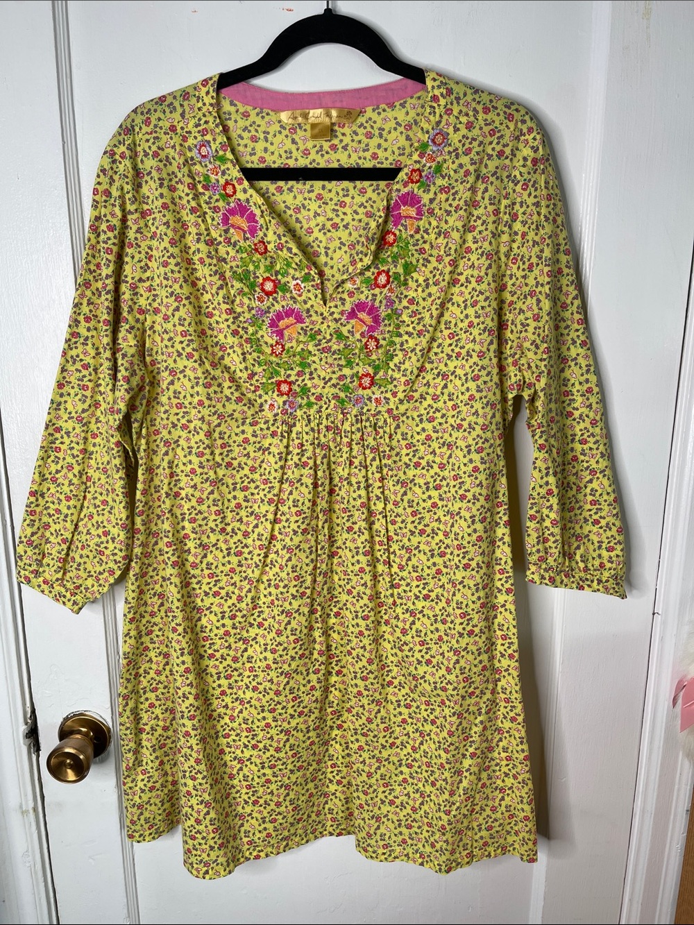 Vintage April Cornell 1X Mini Dress Tunic Yellow Ditzy Floral Embroidery Cotton